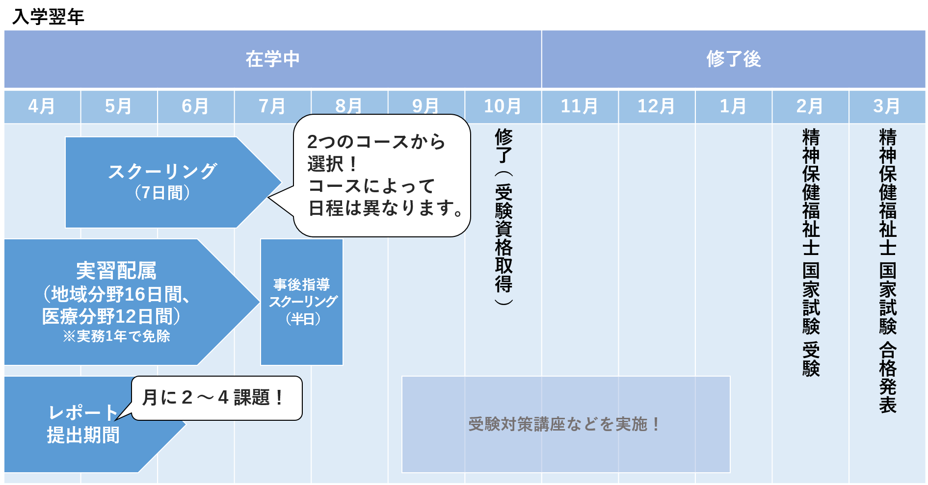 入学2年目は、実習とレポートが中心です。10月の修了後に国家試験受験となっています。